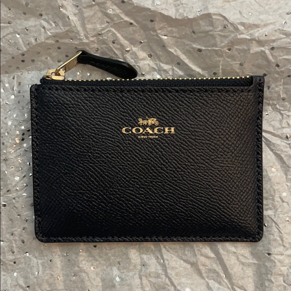 Coach Navy Leather Zip Card Case with Gold Logo